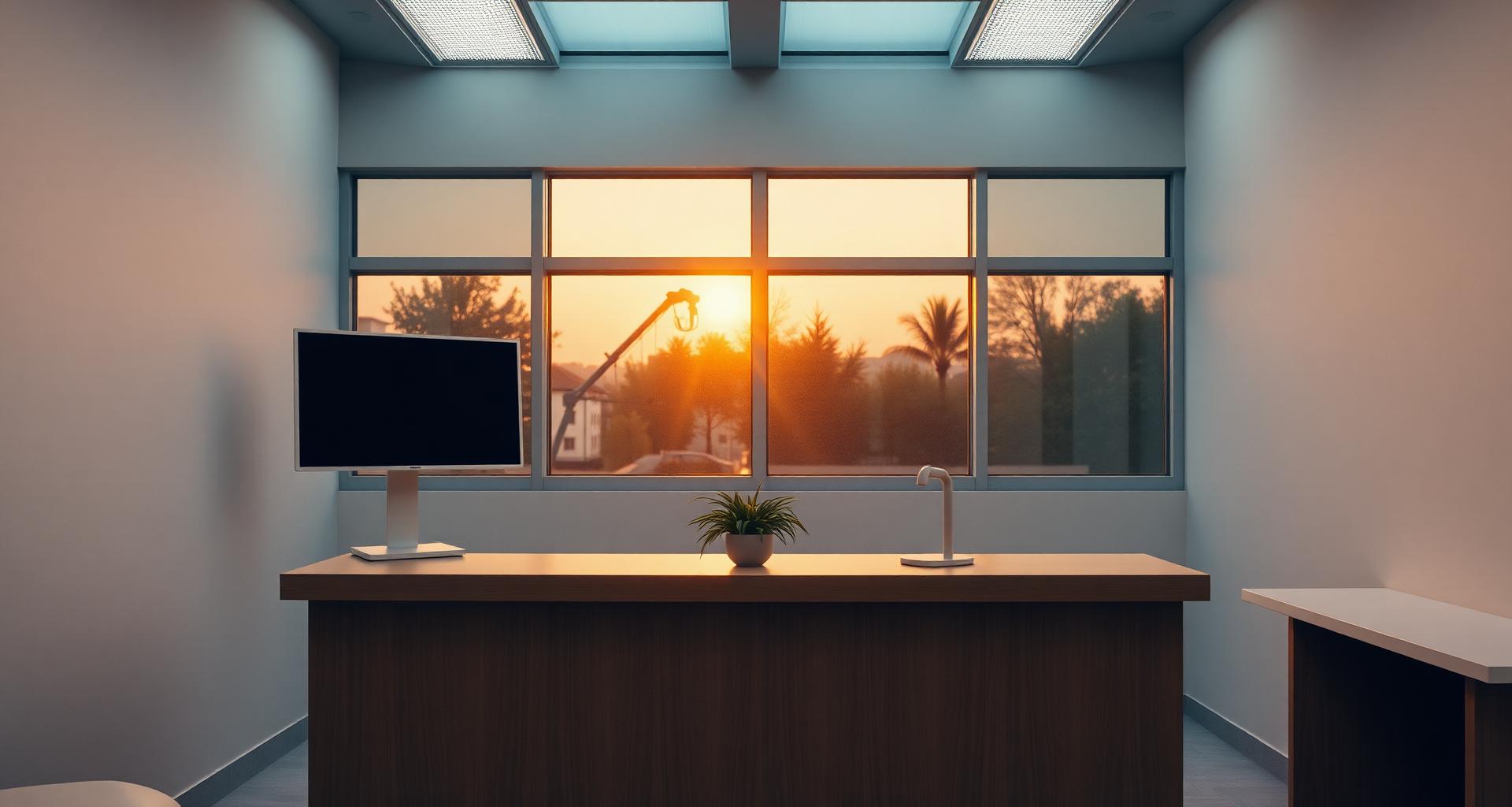 Calm end-of-week light through a clinic window.